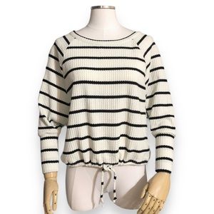 CHASER Striped Thermal Knit Boxy Tee in Cream and Black Stripe
